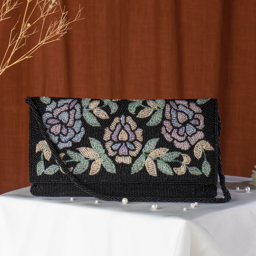 Image of Black Embellished Evening Clutch Bag with Chain Strap