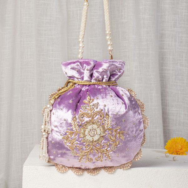 Lavender Velvet Potli Bag | Pearl & Zardozi Hand-Embroidered Bridal Potli