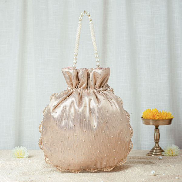Single Motif Rose Gold Zardozi Tissue Potli Bag – Wedding Favor Designer Potli
