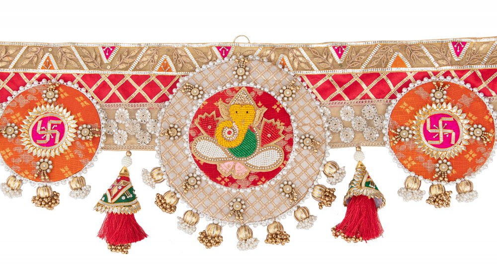 Image of exclusive handmade traditional multi color ganpati ji texture bandarwal toran wall hanging