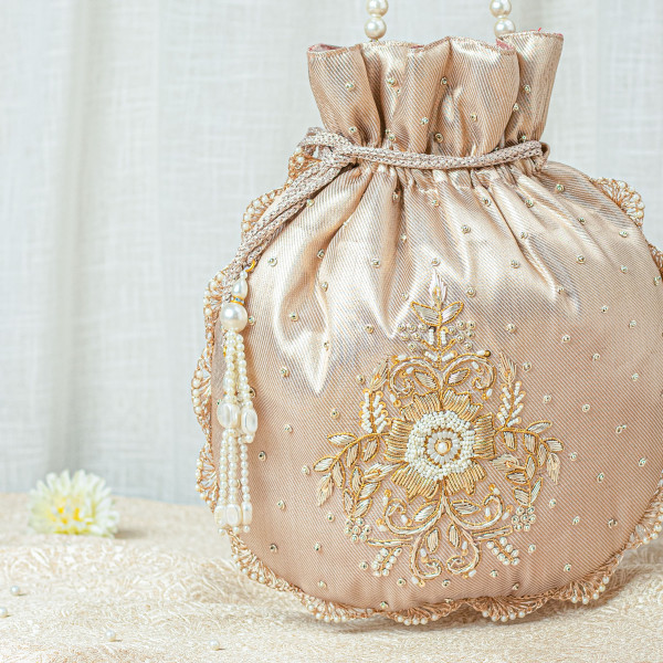 Single Motif Rose Gold Zardozi Tissue Potli Bag – Wedding Favor Designer Potli