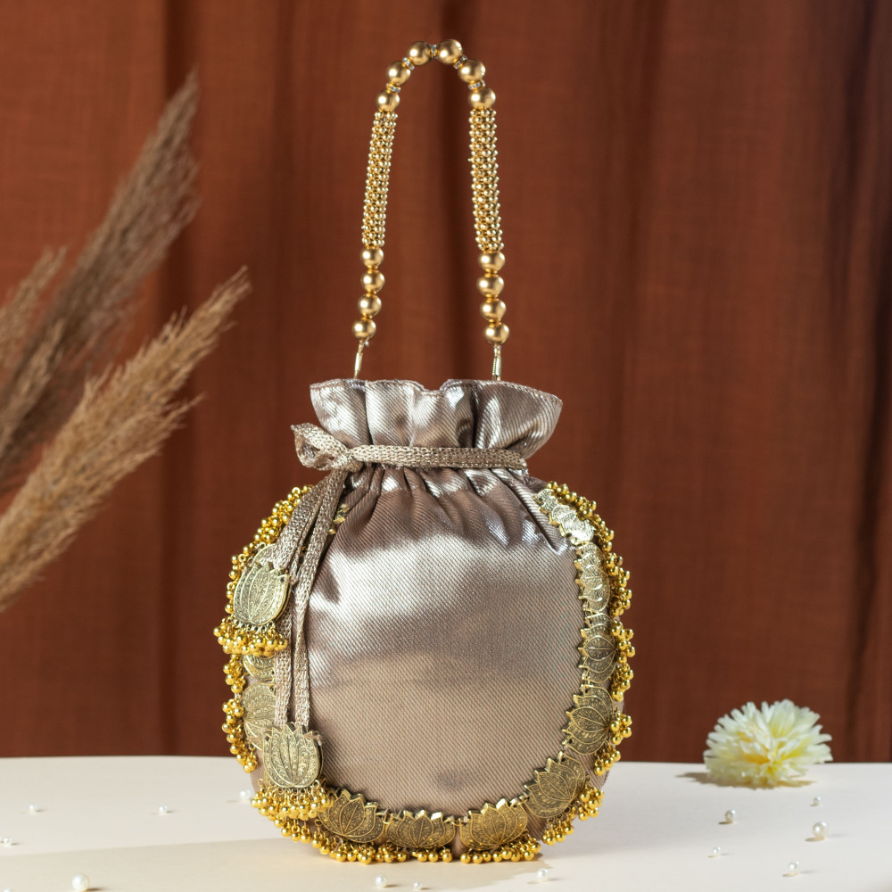 Image of Light Copper Golden Lotus Tissue Potli Bag