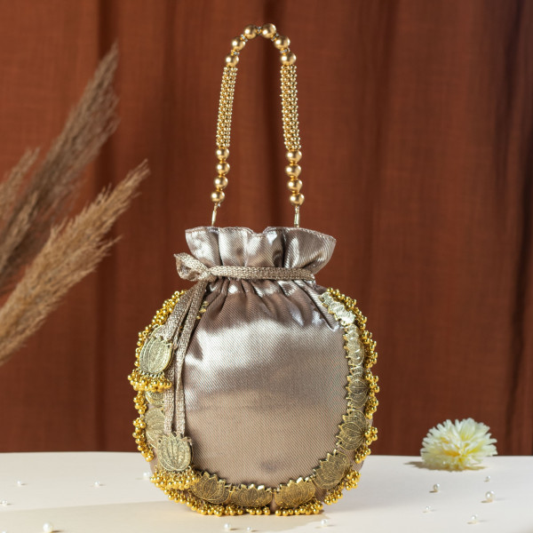 Light Copper Golden Lotus Tissue Potli Bag