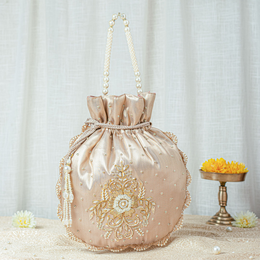 Image of Single Motif Rose Gold Zardozi Tissue Potli Bag – Wedding Favor Designer Potli