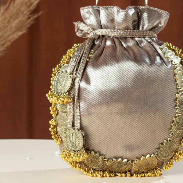 Light Copper Golden Lotus Tissue Potli Bag