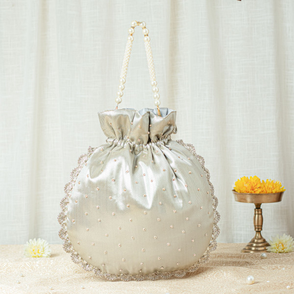 Water Gold Single Motif Zardozi Tissue Potli Bag – Wedding Favor Potli Bag