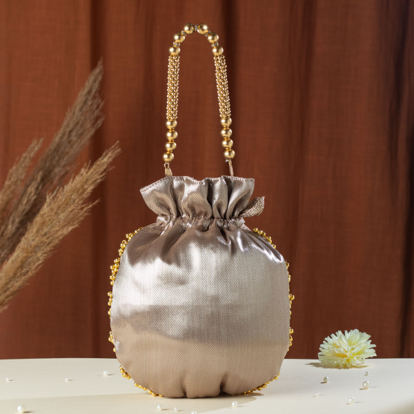 Light Copper Golden Lotus Tissue Potli Bag
