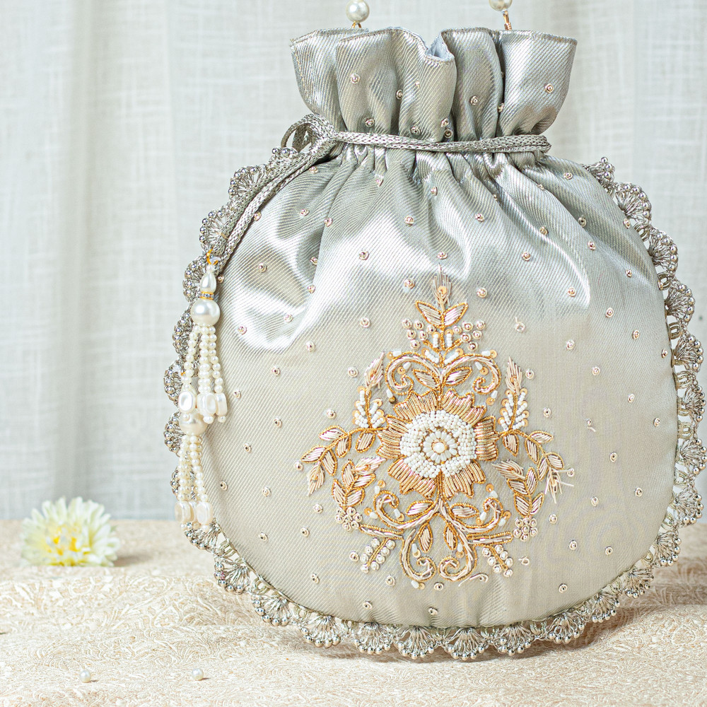 Image of Water Gold Single Motif Zardozi Tissue Potli Bag – Wedding Favor Potli Bag