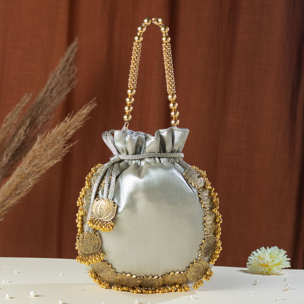 Image of Silver Lotus Tissue Potli Bag