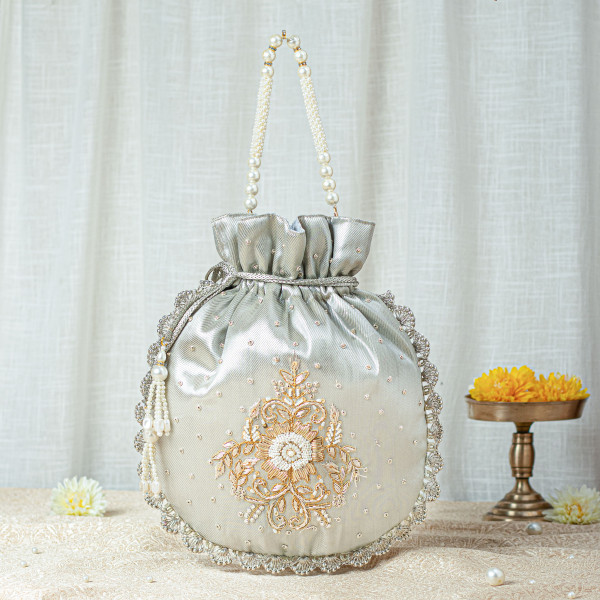 Water Gold Single Motif Zardozi Tissue Potli Bag – Wedding Favor Potli Bag