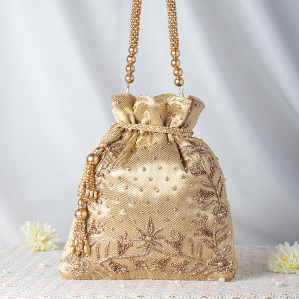 Image of Luxury Champagne Gold Zardosi Potli – Hand-Embellished Tishu Bridal Bag with Metallic Beaded Handle