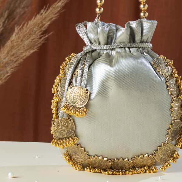 Silver Lotus Tissue Potli Bag