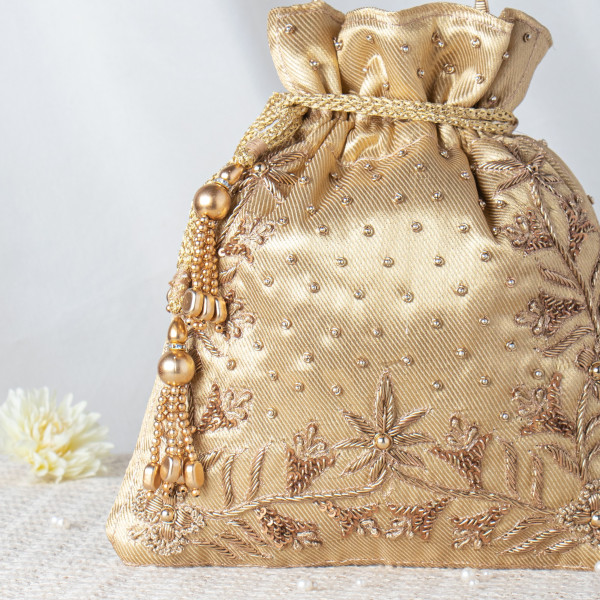 Luxury Champagne Gold Zardosi Potli – Hand-Embellished Tishu Bridal Bag with Metallic Beaded Handle