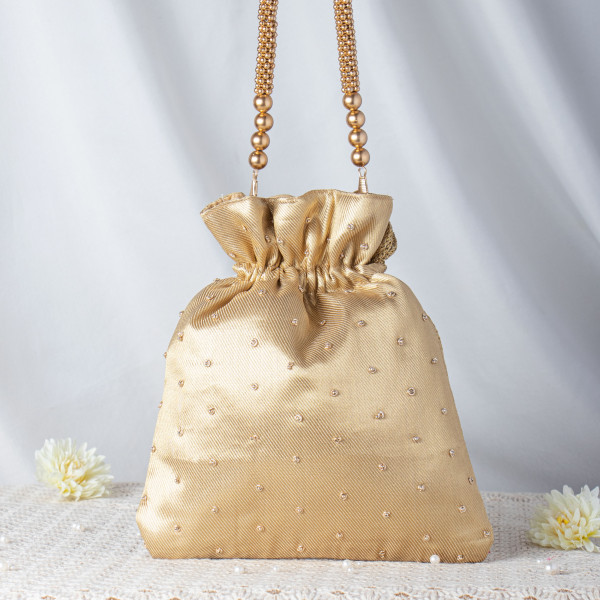 Luxury Champagne Gold Zardosi Potli – Hand-Embellished Tishu Bridal Bag with Metallic Beaded Handle