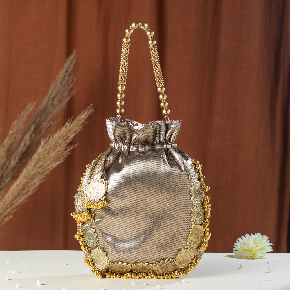Image of Copper Golden Lotus Tissue Potli Bag