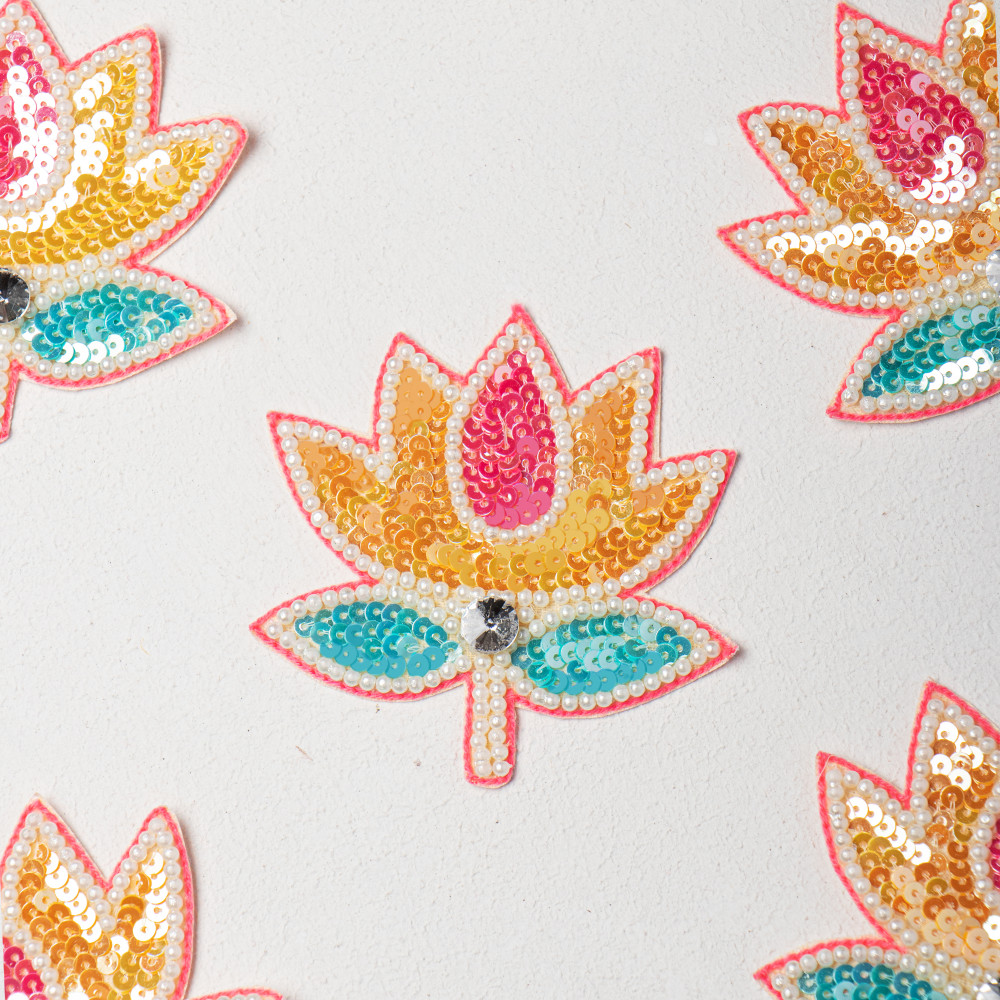 Image of Luxury Multicolored Sequin Lotus Applique Patch | Handmade Decorative Embroidery Motif for Ethnic &amp; Western Wear, Bags, Blouses, DIY Projects, Home Décor &amp; Festival Crafting(PAIR OF 2)