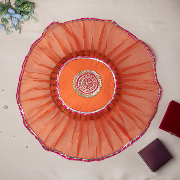 Rani Decorative Traditional Indian Gota Embellish Organza Thali Cover Pooja Thali | Handmade Aarti Thali Cover | Thaal Cover