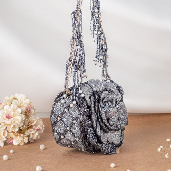 Steel Grey Handcrafted 3D Rose Cutdana & Pearl Embellished Clutch Bag