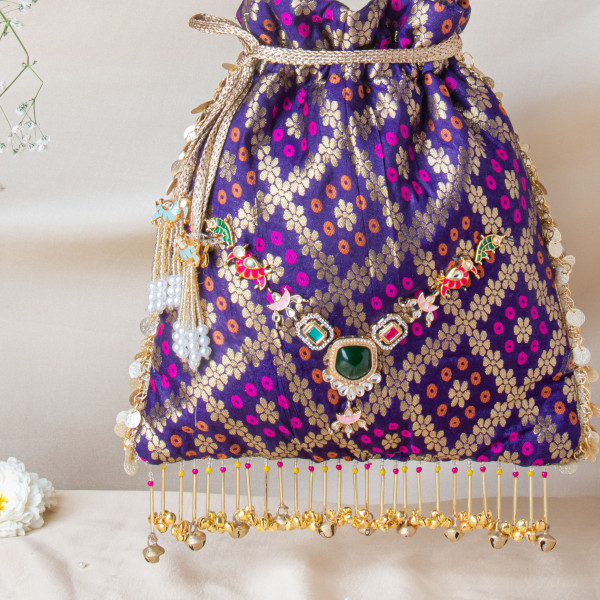 Regal Purple Banarasi Brocade Potli with Kundan-Meenakari Jewel Inlay