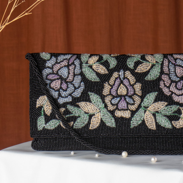 Black Embellished Evening Clutch Bag with Chain Strap