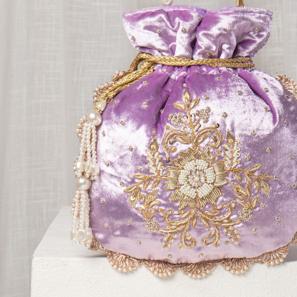 Lavender Velvet Potli Bag | Pearl & Zardozi Hand-Embroidered Bridal Potli