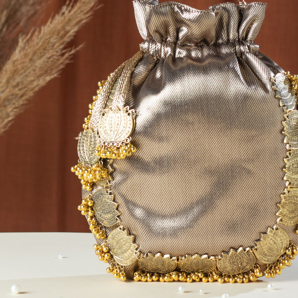 Copper Golden Lotus Tissue Potli Bag