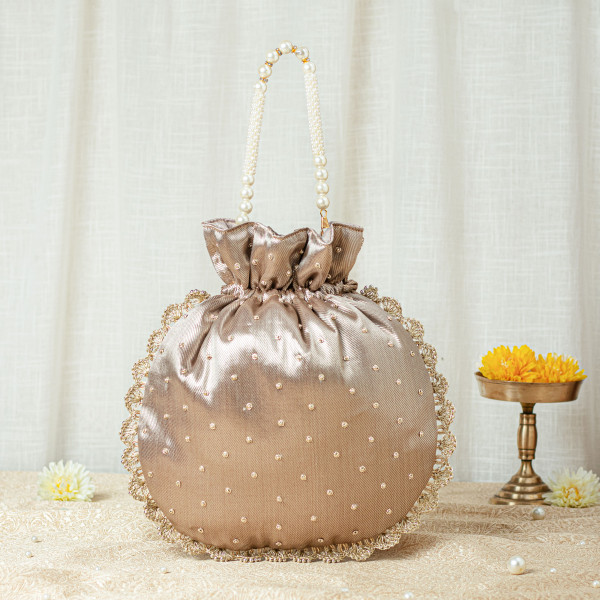 Copper Gold Single Motif Zardozi Tissue Potli Bag – Designer Wedding Favor Potli