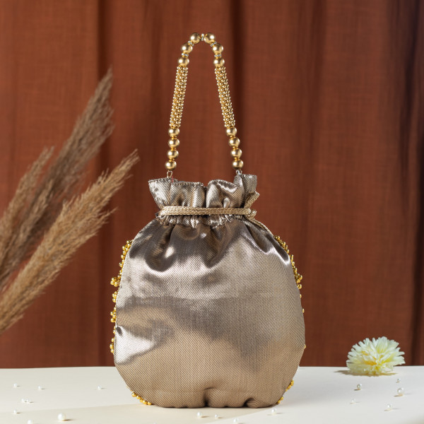 Copper Golden Lotus Tissue Potli Bag