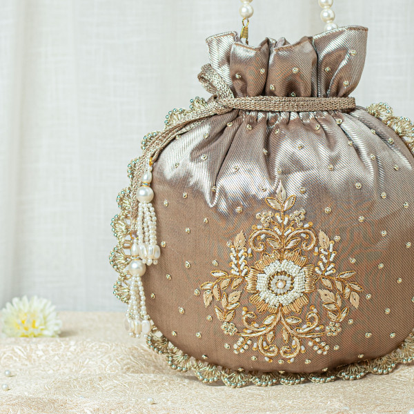 Copper Gold Single Motif Zardozi Tissue Potli Bag – Designer Wedding Favor Potli