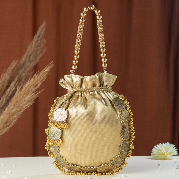 Golden Lotus Tissue Potli Bag