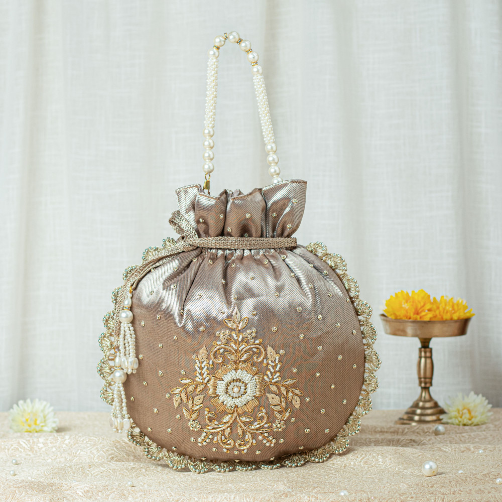 Image of Copper Gold Single Motif Zardozi Tissue Potli Bag – Designer Wedding Favor Potli