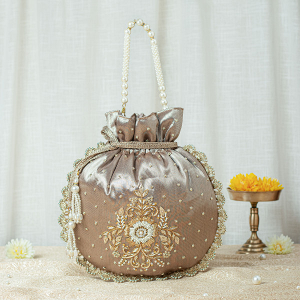 Copper Gold Single Motif Zardozi Tissue Potli Bag – Designer Wedding Favor Potli