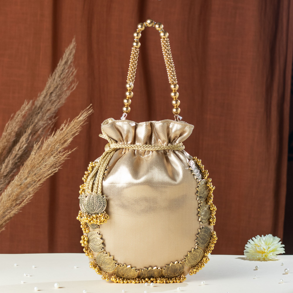 Image of Dull Golden Lotus Tissue Potli Bag