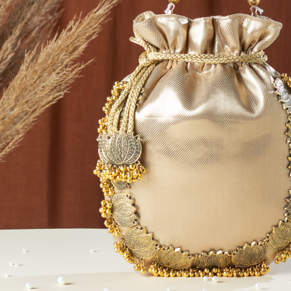 Dull Golden Lotus Tissue Potli Bag