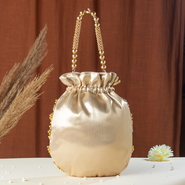 Dull Golden Lotus Tissue Potli Bag