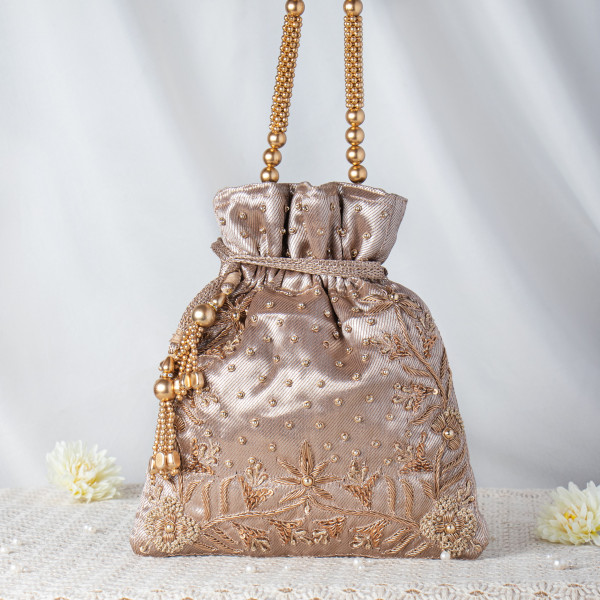 Royal Antique Copper Zardosi Potli – Hand-Crafted Metallic  Tissue  Wedding Bag with Beaded Regal Handle