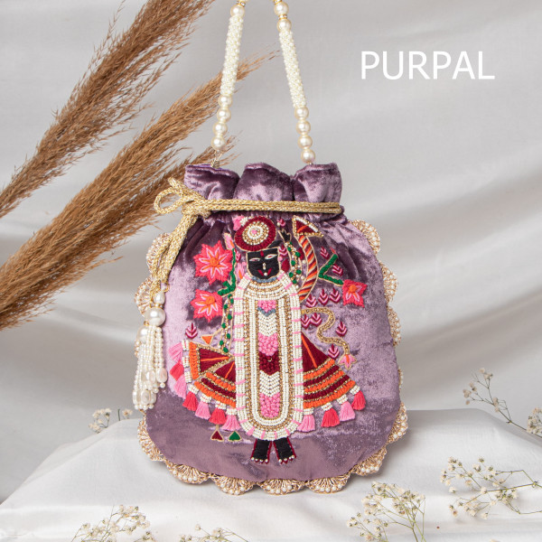 Premium Shrinath Ji Hand-Embroidered Velvet Potli Bag