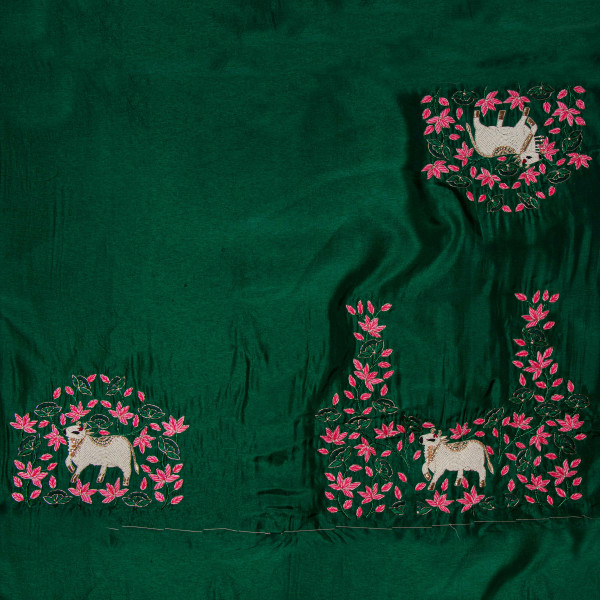 Ethnic Wedding Cow Pichwai Thread Embroidered green Blouse Fabric