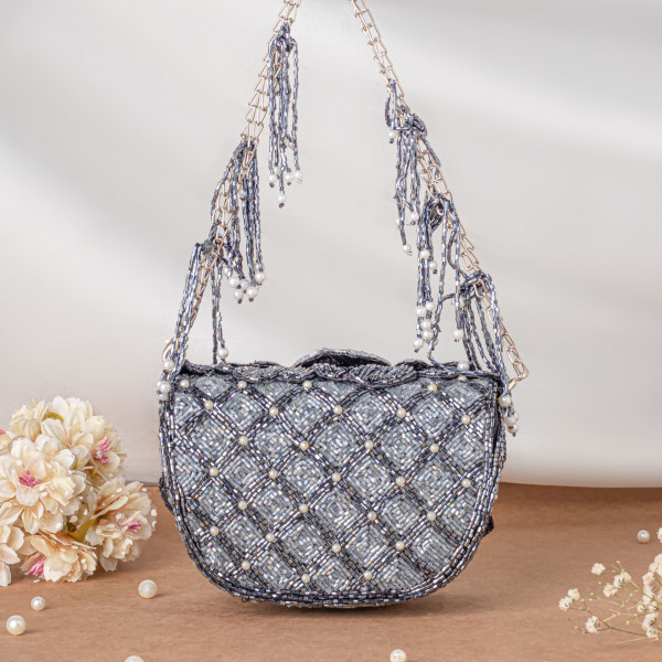 Steel Grey Handcrafted 3D Rose Cutdana & Pearl Embellished Clutch Bag