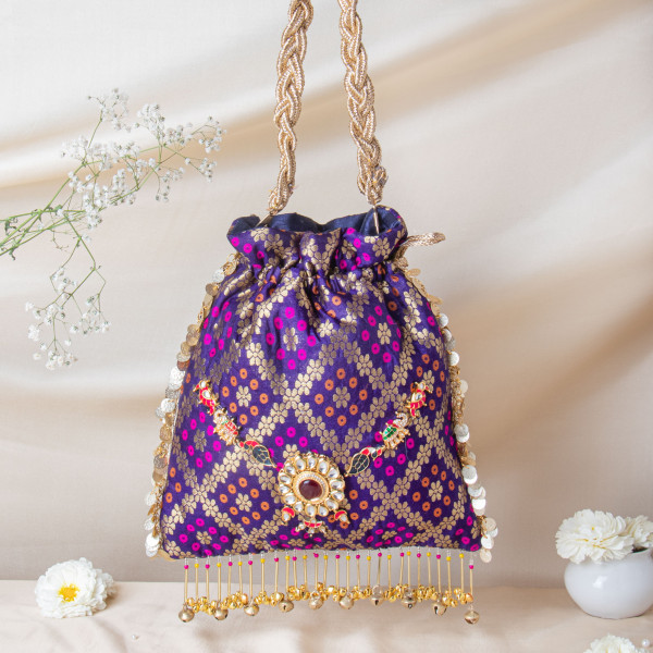 Regal Purple Banarasi Brocade Potli with Kundan-Meenakari Jewel Inlay