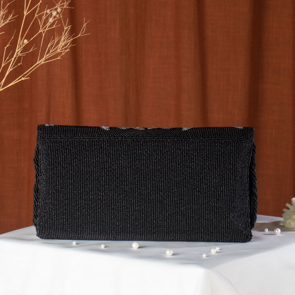 Black Embellished Evening Clutch Bag with Chain Strap