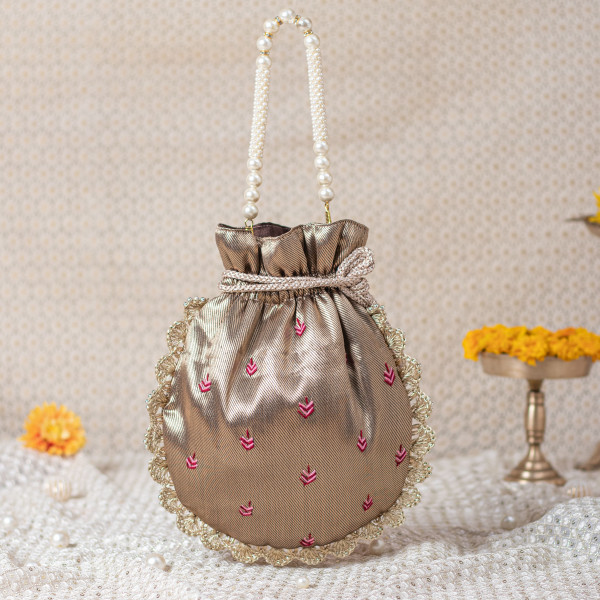 Copper Gold Tissue Shrinath Ji Scallop Potli Bag (Shreenath Ji)