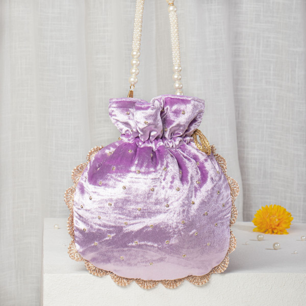 Lavender Velvet Potli Bag | Pearl & Zardozi Hand-Embroidered Bridal Potli