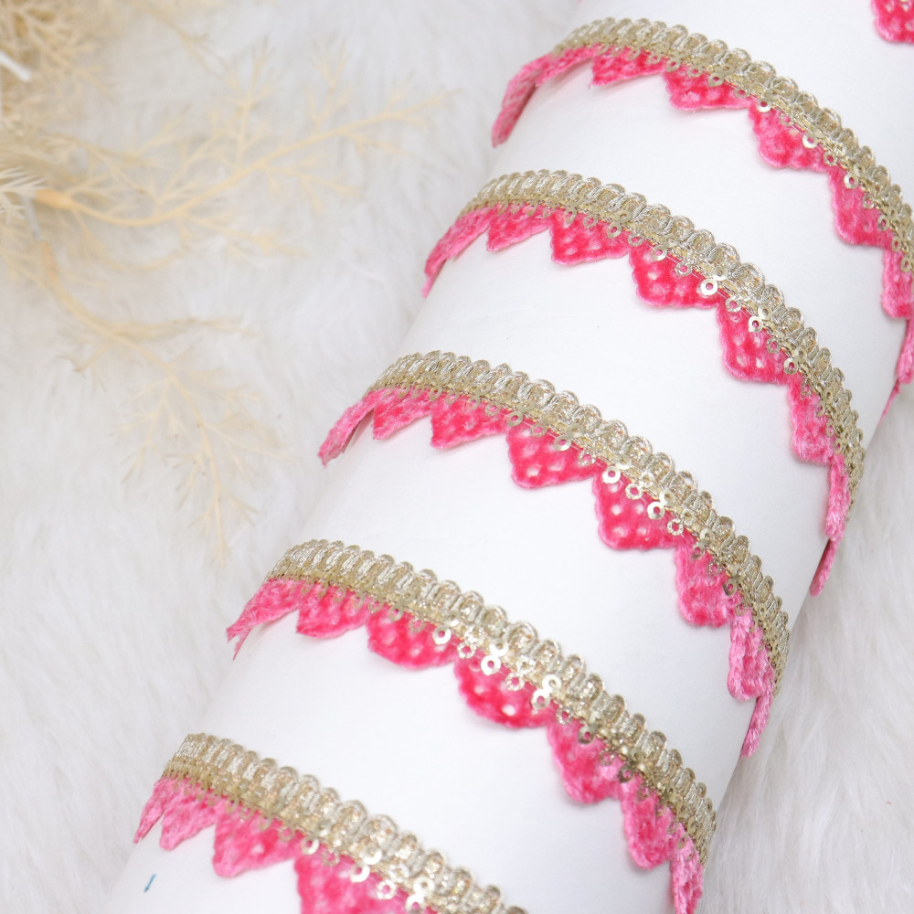 Pink R9 Trim 1/2 inch Zari Sequin Embellish Pink Velvet Edging Trim 9 mtr