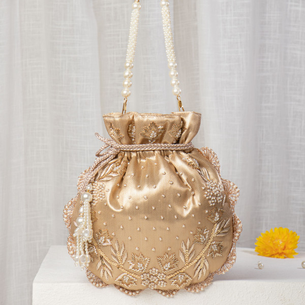 Dull Gold Pearl Embellished Bridal Potli Bag with Hand-Embroidered Scallop Edge
