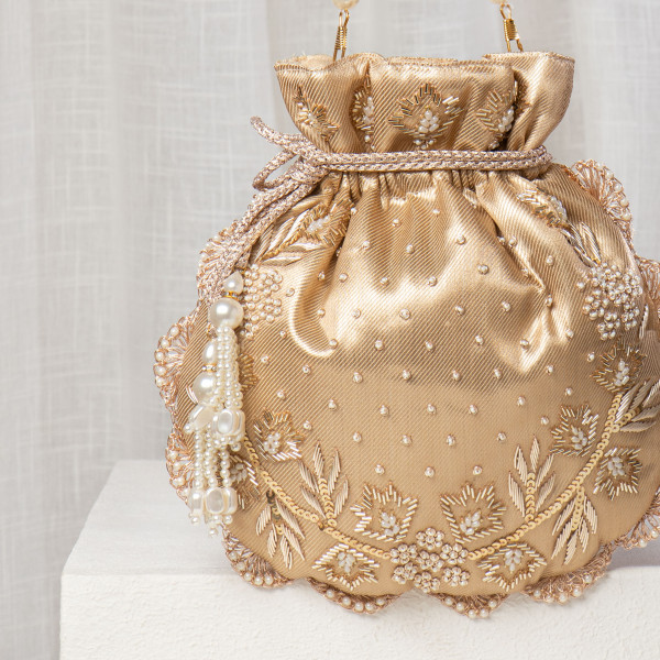 Dull Gold Pearl Embellished Bridal Potli Bag with Hand-Embroidered Scallop Edge