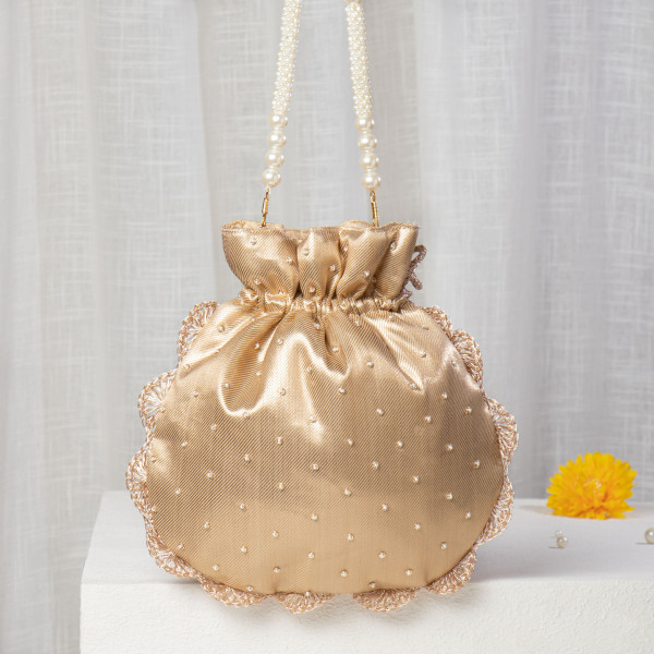 Dull Gold Pearl Embellished Bridal Potli Bag with Hand-Embroidered Scallop Edge