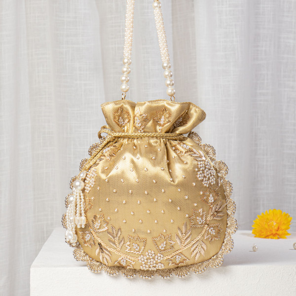 Gold Tissue Silk Potli Bag with Hand-Embroidered Scallop Edge and Pearl Work