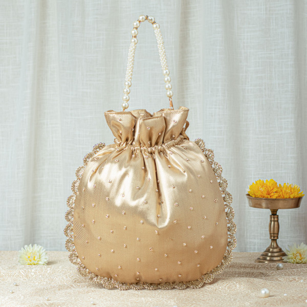 Golden Zardozi Tissue Potli Bag with Pearl Handle – Single Motif Wedding Favor Potli