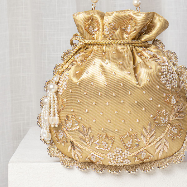 Gold Tissue Silk Potli Bag with Hand-Embroidered Scallop Edge and Pearl Work